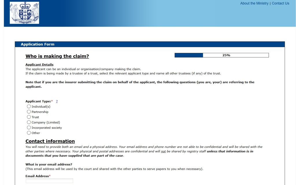 少額裁判　申請フォーム　ニュージーランド